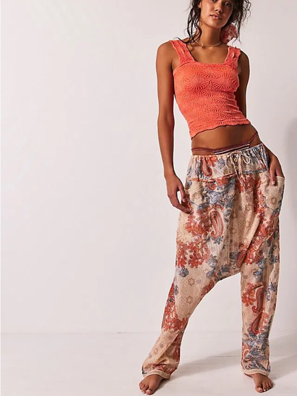 Free People Wide-Leg Paisley Harem Pants - Coral, Cream, Blue